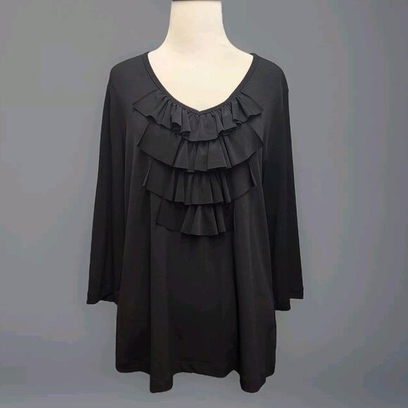 Susan Graver black 3/4 sleeve Liquid Knit Top size medium Ruffle Front - Picture 1 of 10